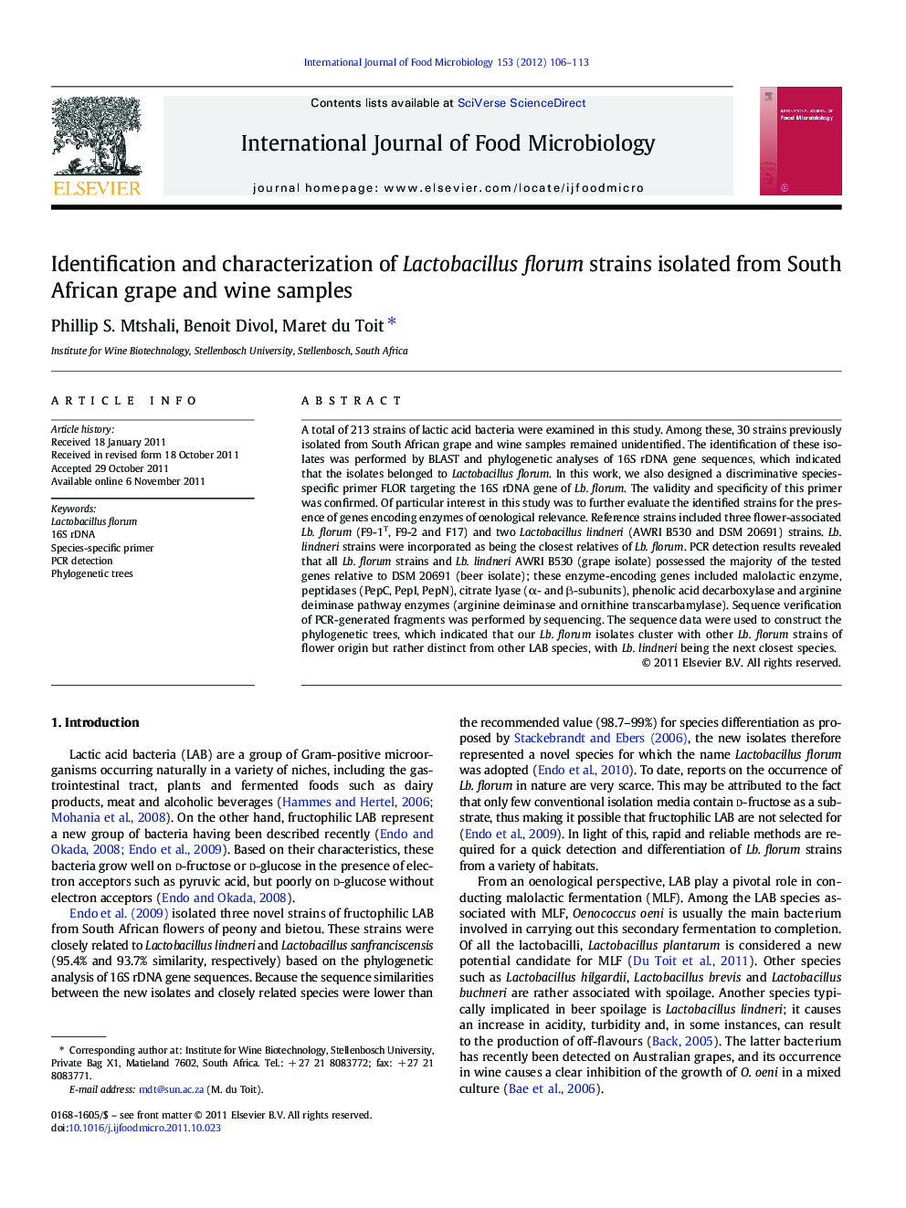 Identification and characterization of Lactobacillus florum strains isolated from South African grape and wine samples