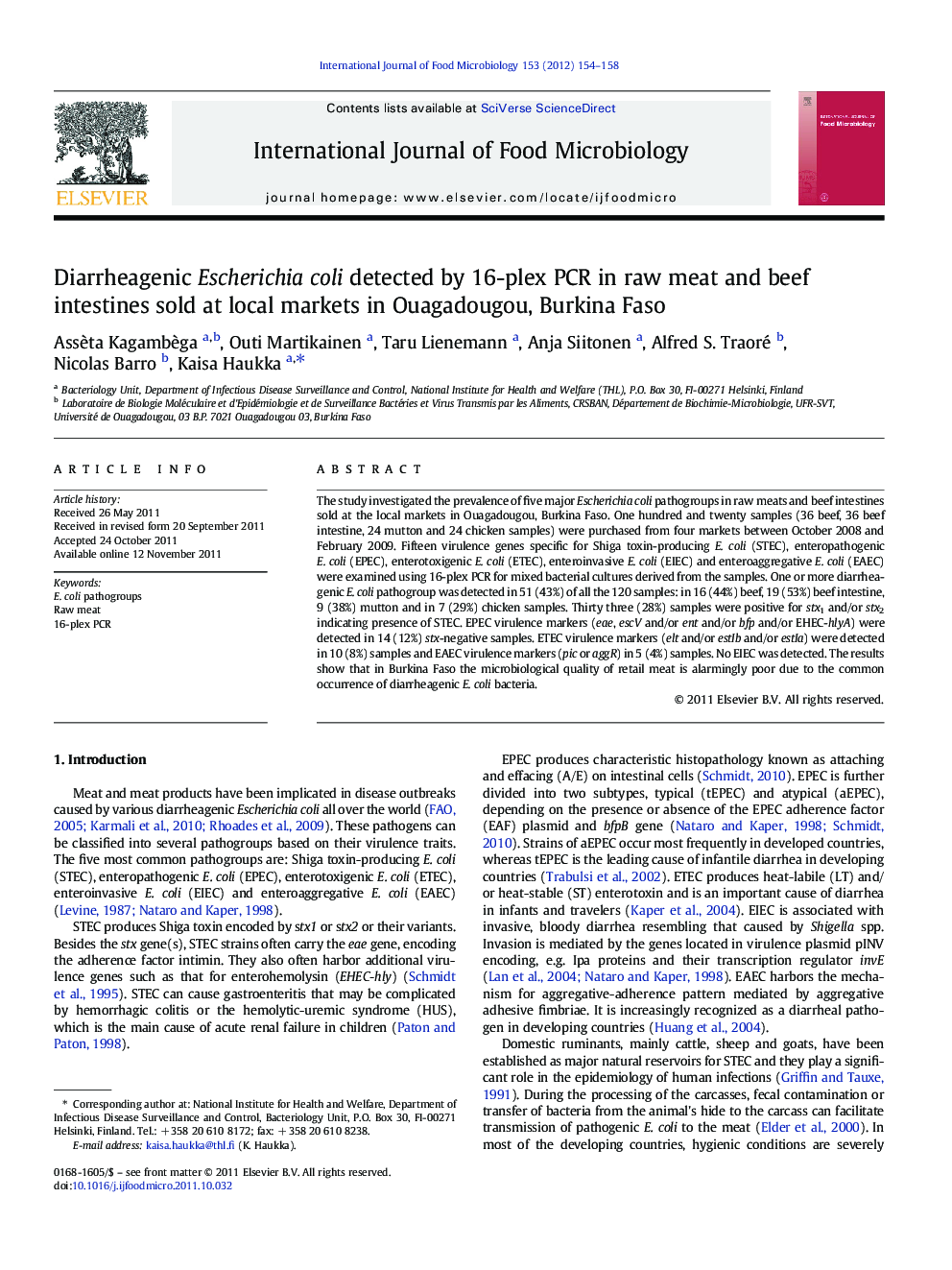 Diarrheagenic Escherichia coli detected by 16-plex PCR in raw meat and beef intestines sold at local markets in Ouagadougou, Burkina Faso