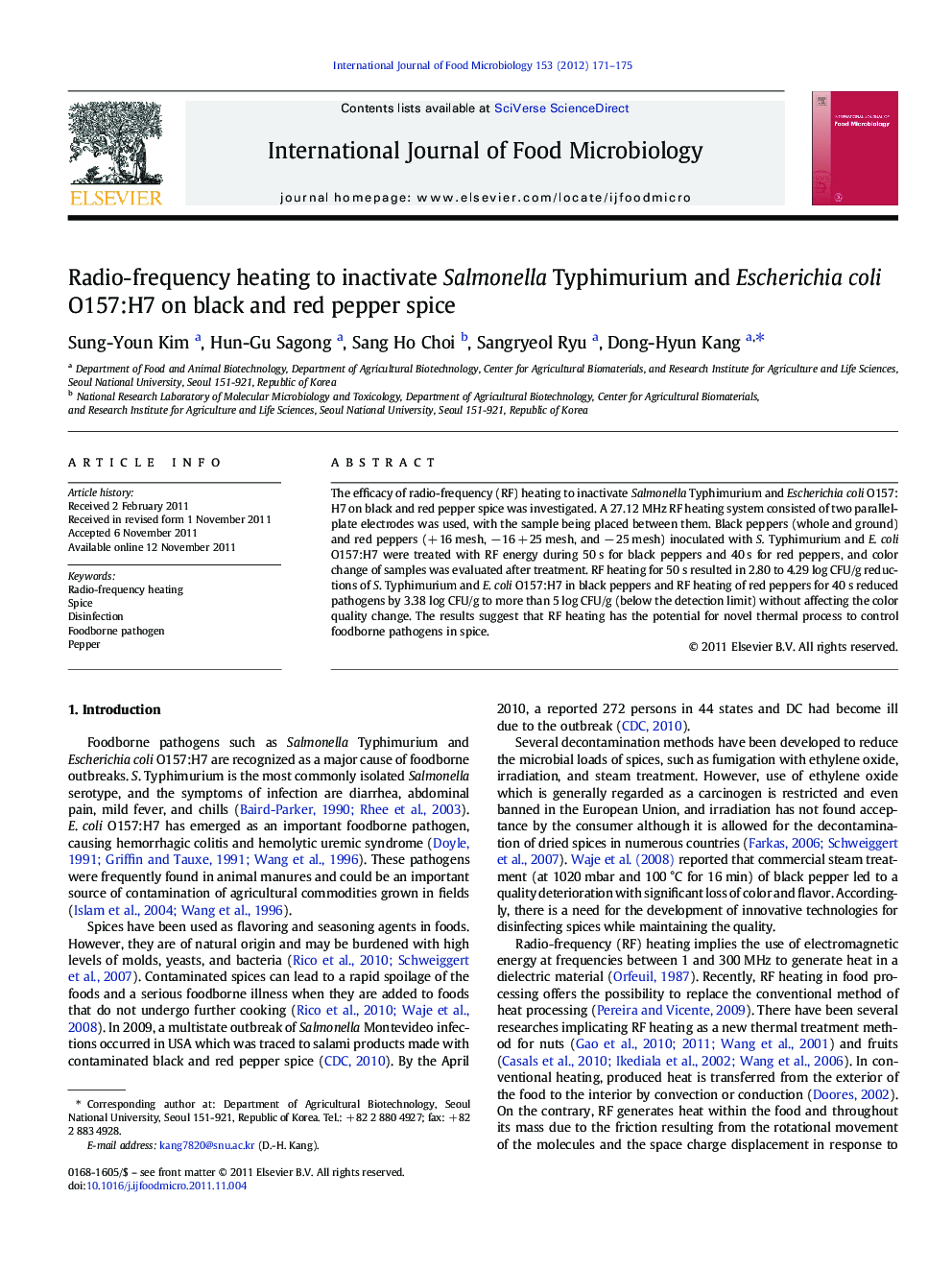 Radio-frequency heating to inactivate Salmonella Typhimurium and Escherichia coli O157:H7 on black and red pepper spice