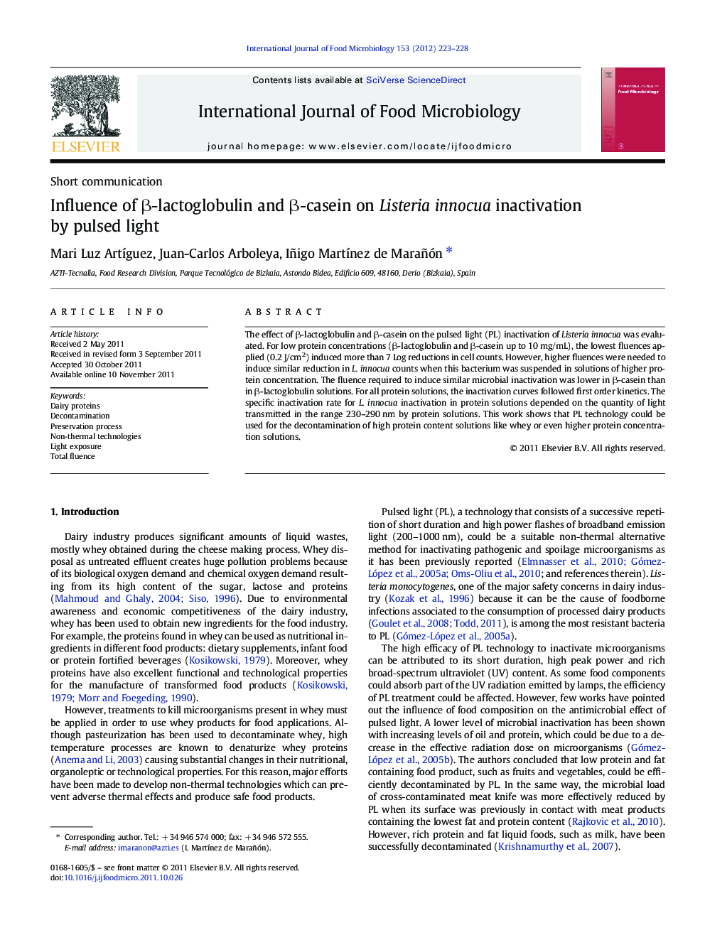 Influence of β-lactoglobulin and β-casein on Listeria innocua inactivation by pulsed light