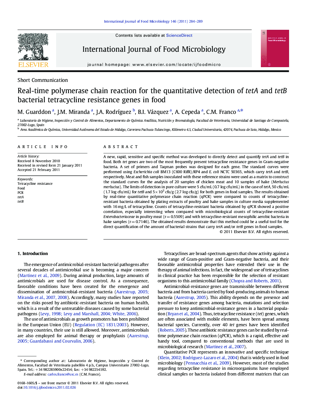 Real-time polymerase chain reaction for the quantitative detection of tetA and tetB bacterial tetracycline resistance genes in food