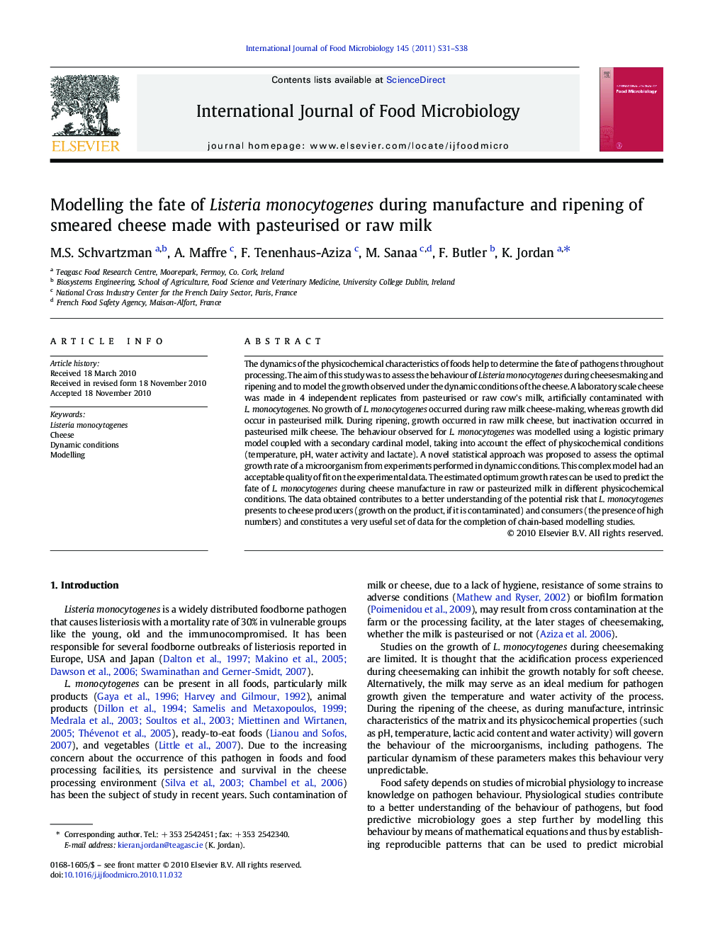 Modelling the fate of Listeria monocytogenes during manufacture and ripening of smeared cheese made with pasteurised or raw milk