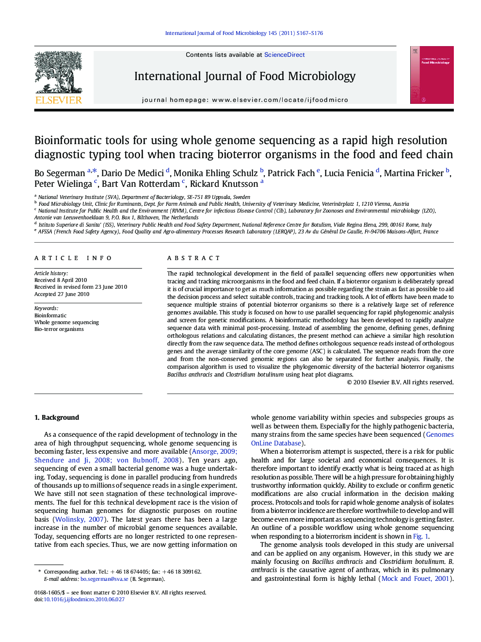 Bioinformatic tools for using whole genome sequencing as a rapid high resolution diagnostic typing tool when tracing bioterror organisms in the food and feed chain