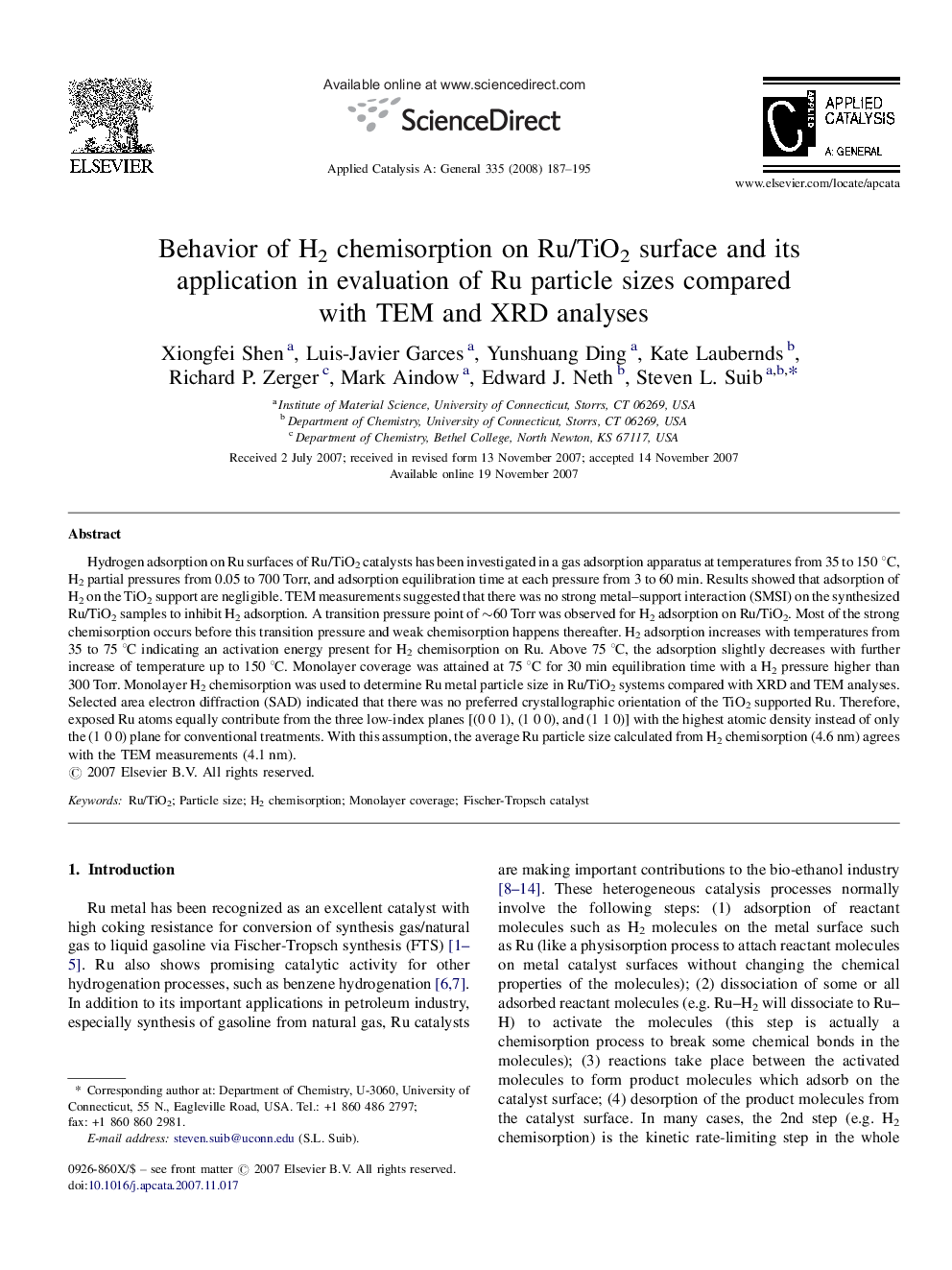 Behavior of H2 chemisorption on Ru/TiO2 surface and its application in evaluation of Ru particle sizes compared with TEM and XRD analyses