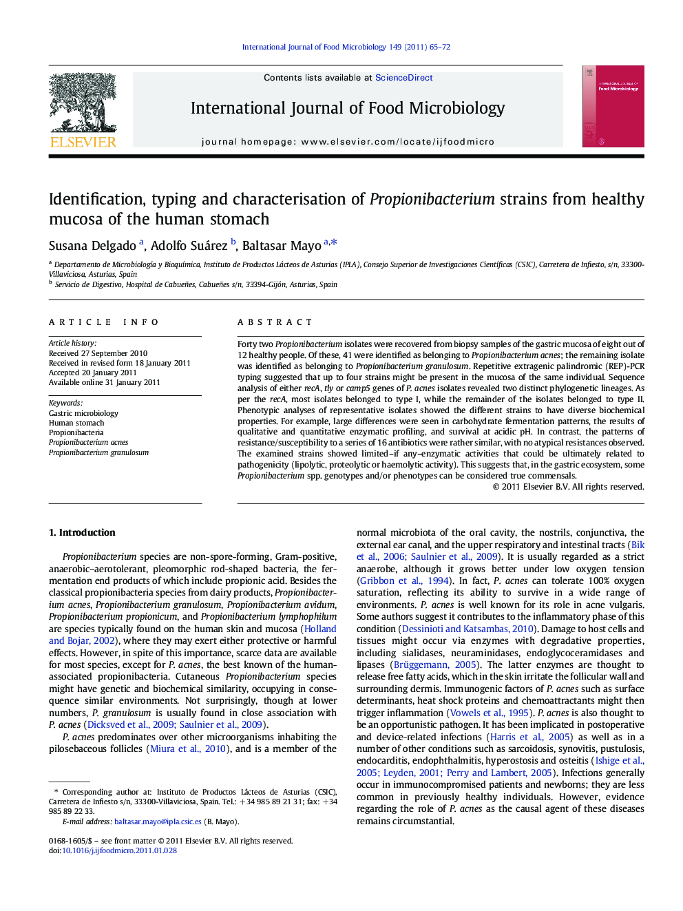 Identification, typing and characterisation of Propionibacterium strains from healthy mucosa of the human stomach