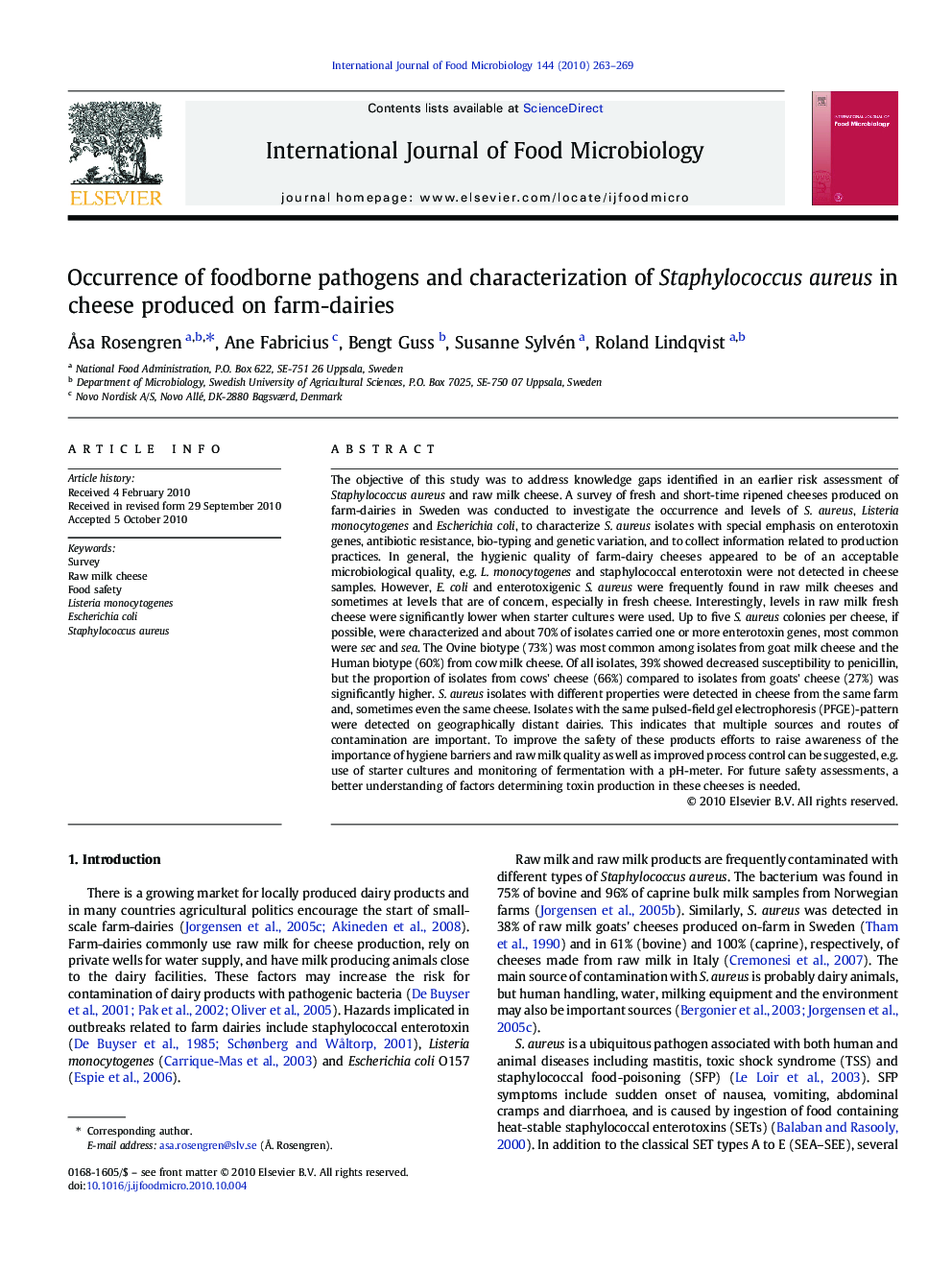 Occurrence of foodborne pathogens and characterization of Staphylococcus aureus in cheese produced on farm-dairies