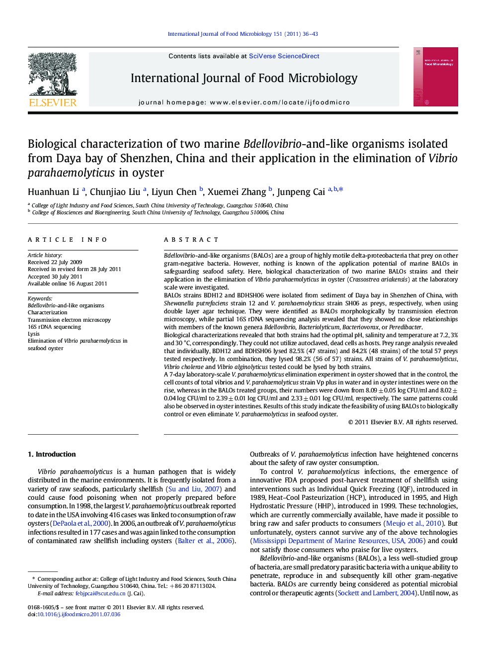 Biological characterization of two marine Bdellovibrio-and-like organisms isolated from Daya bay of Shenzhen, China and their application in the elimination of Vibrio parahaemolyticus in oyster
