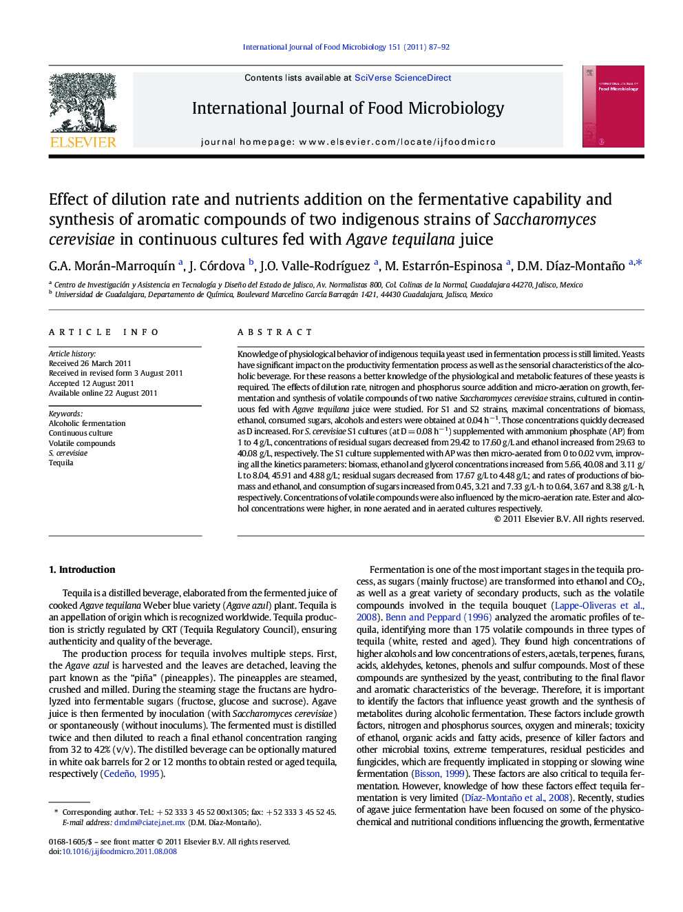 عکس صفحه اول مقاله: Effect of dilution rate and nutrients addition on the fermentative capability and synthesis of aromatic compounds of two indigenous strains of Saccharomyces cerevisiae in continuous cultures fed with Agave tequilana juice Effect of dilution rate and nutrients addition on the fermentative capability and synthesis of aromatic compounds of two indigenous strains of Saccharomyces cerevisiae in continuous cultures fed with Agave tequilana juice