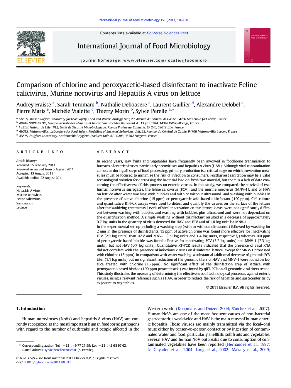 Comparison of chlorine and peroxyacetic-based disinfectant to inactivate Feline calicivirus, Murine norovirus and Hepatitis A virus on lettuce