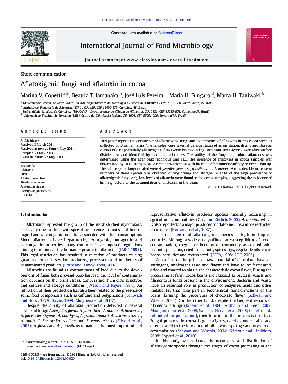 Aflatoxigenic fungi and aflatoxin in cocoa