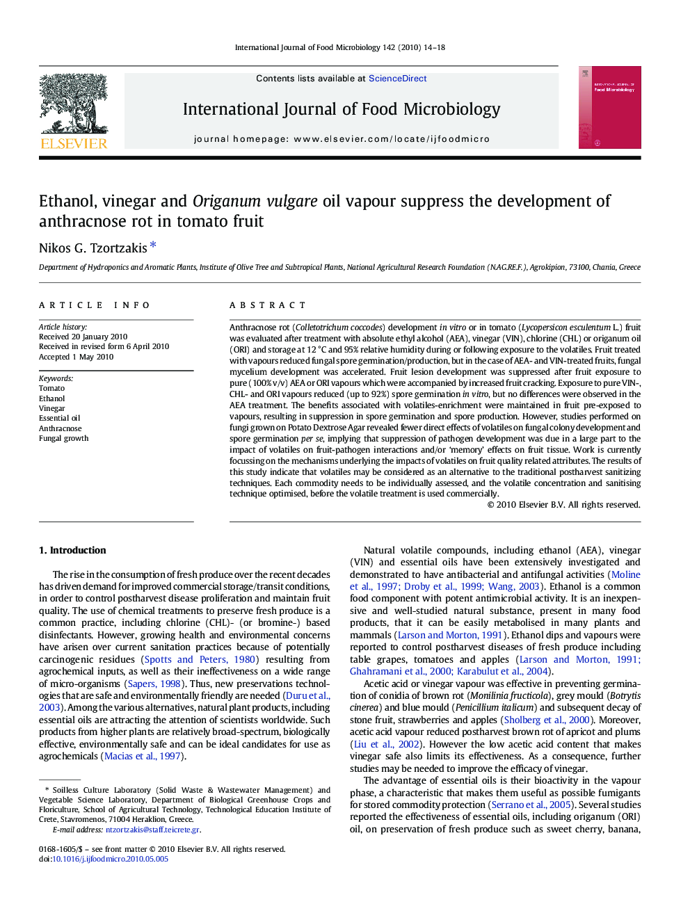 عکس صفحه اول مقاله: Ethanol, vinegar and Origanum vulgare oil vapour suppress the development of anthracnose rot in tomato fruit Ethanol, vinegar and Origanum vulgare oil vapour suppress the development of anthracnose rot in tomato fruit