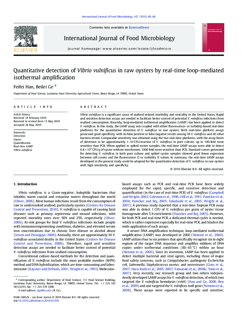 Quantitative detection of Vibrio vulnificus in raw oysters by real-time loop-mediated isothermal amplification