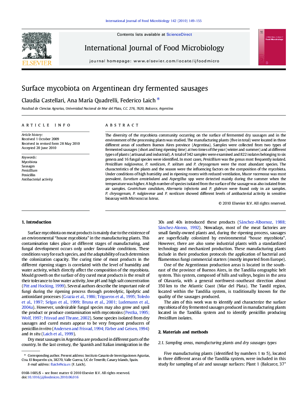 Surface mycobiota on Argentinean dry fermented sausages