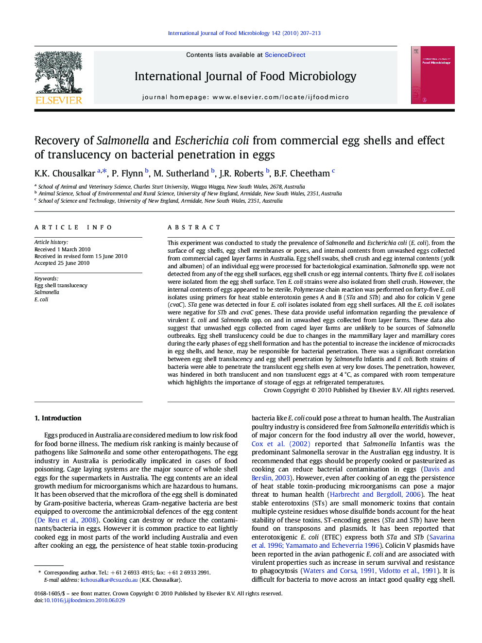 عکس صفحه اول مقاله: Recovery of Salmonella and Escherichia coli from commercial egg shells and effect of translucency on bacterial penetration in eggs Recovery of Salmonella and Escherichia coli from commercial egg shells and effect of translucency on bacterial penetration in eggs