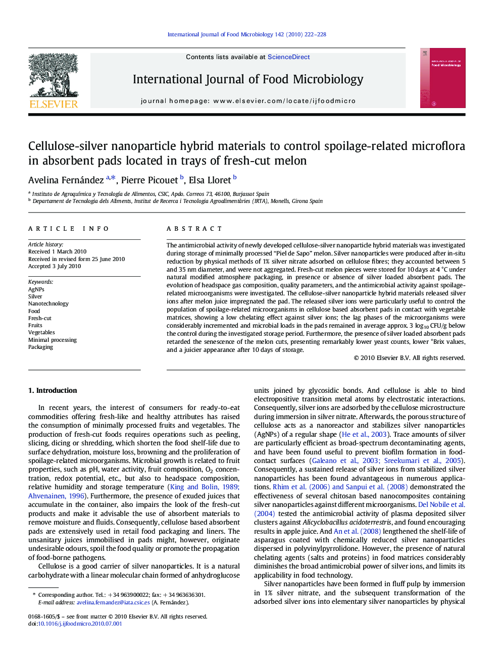 Cellulose-silver nanoparticle hybrid materials to control spoilage-related microflora in absorbent pads located in trays of fresh-cut melon