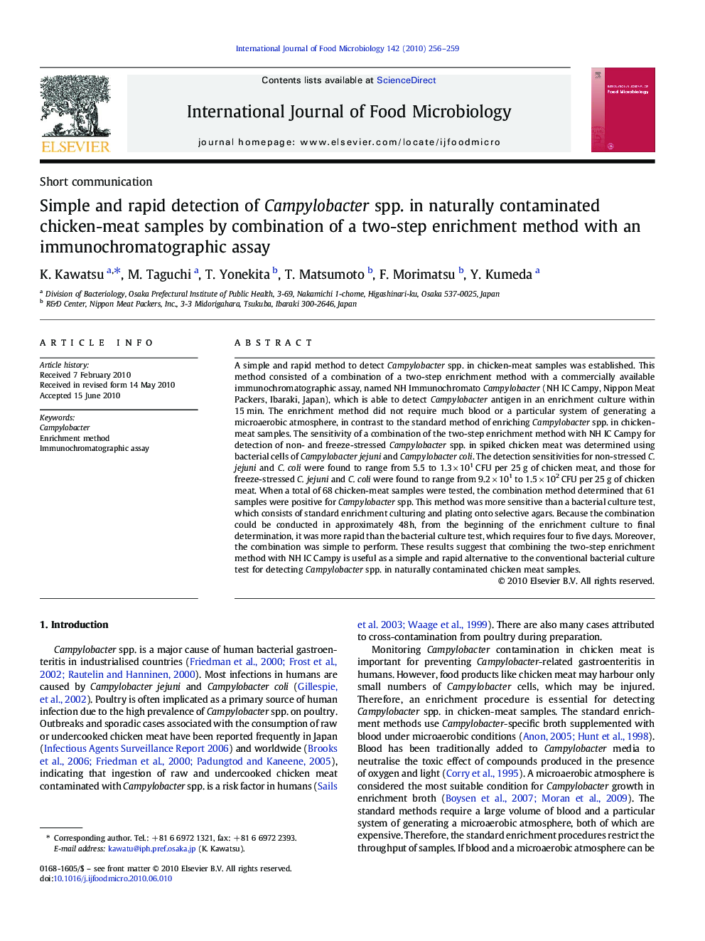 Simple and rapid detection of Campylobacter spp. in naturally contaminated chicken-meat samples by combination of a two-step enrichment method with an immunochromatographic assay