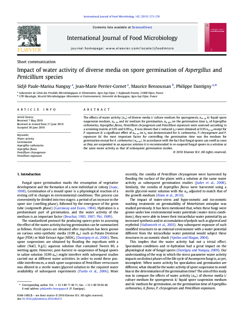 Impact of water activity of diverse media on spore germination of Aspergillus and Penicillium species