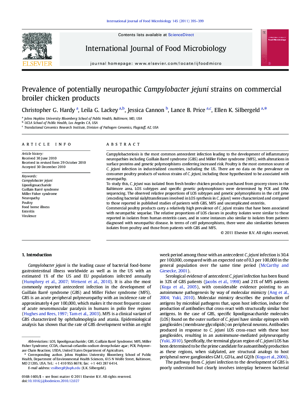 Prevalence of potentially neuropathic Campylobacter jejuni strains on commercial broiler chicken products