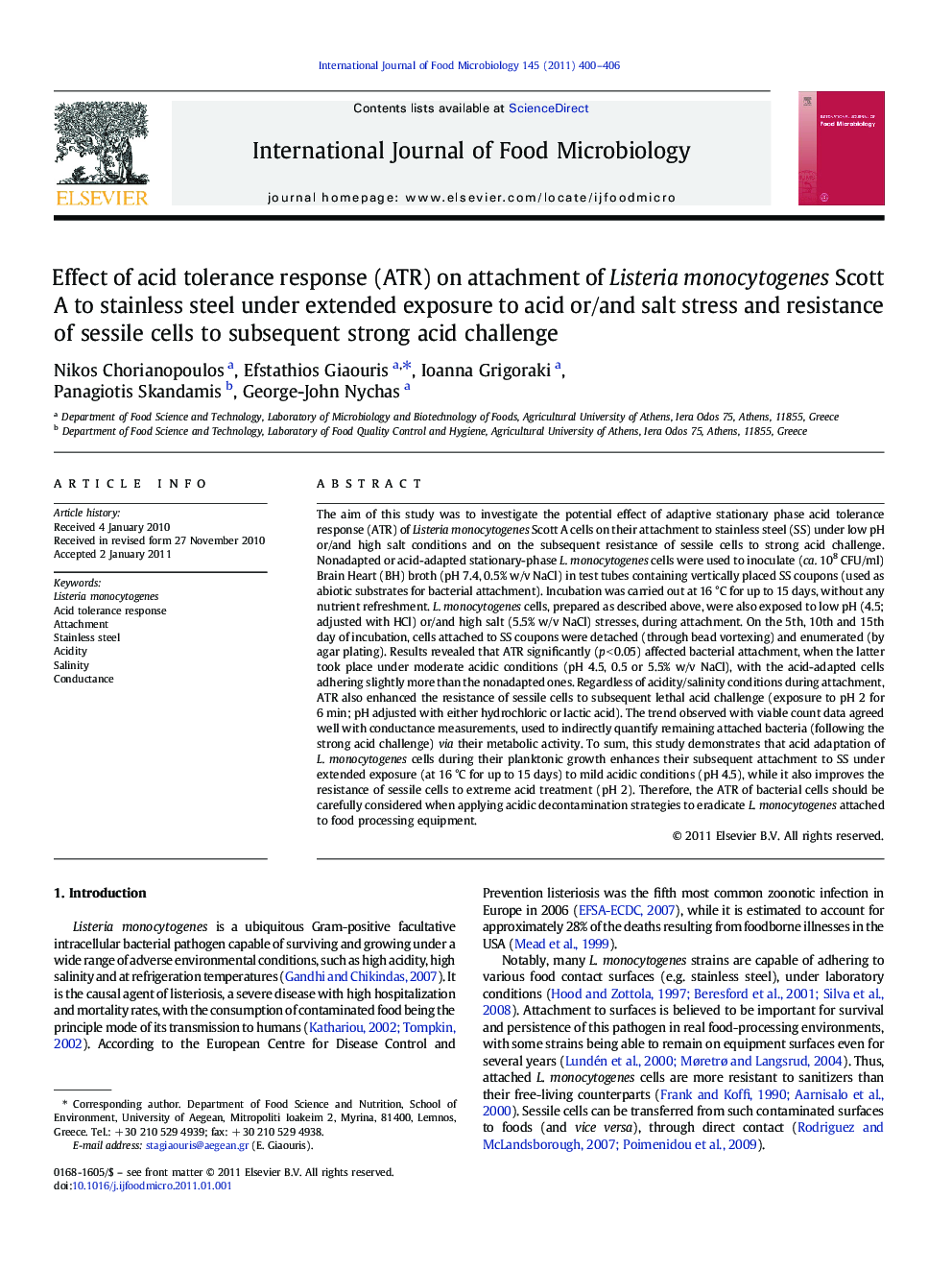 Effect of acid tolerance response (ATR) on attachment of Listeria monocytogenes Scott A to stainless steel under extended exposure to acid or/and salt stress and resistance of sessile cells to subsequent strong acid challenge