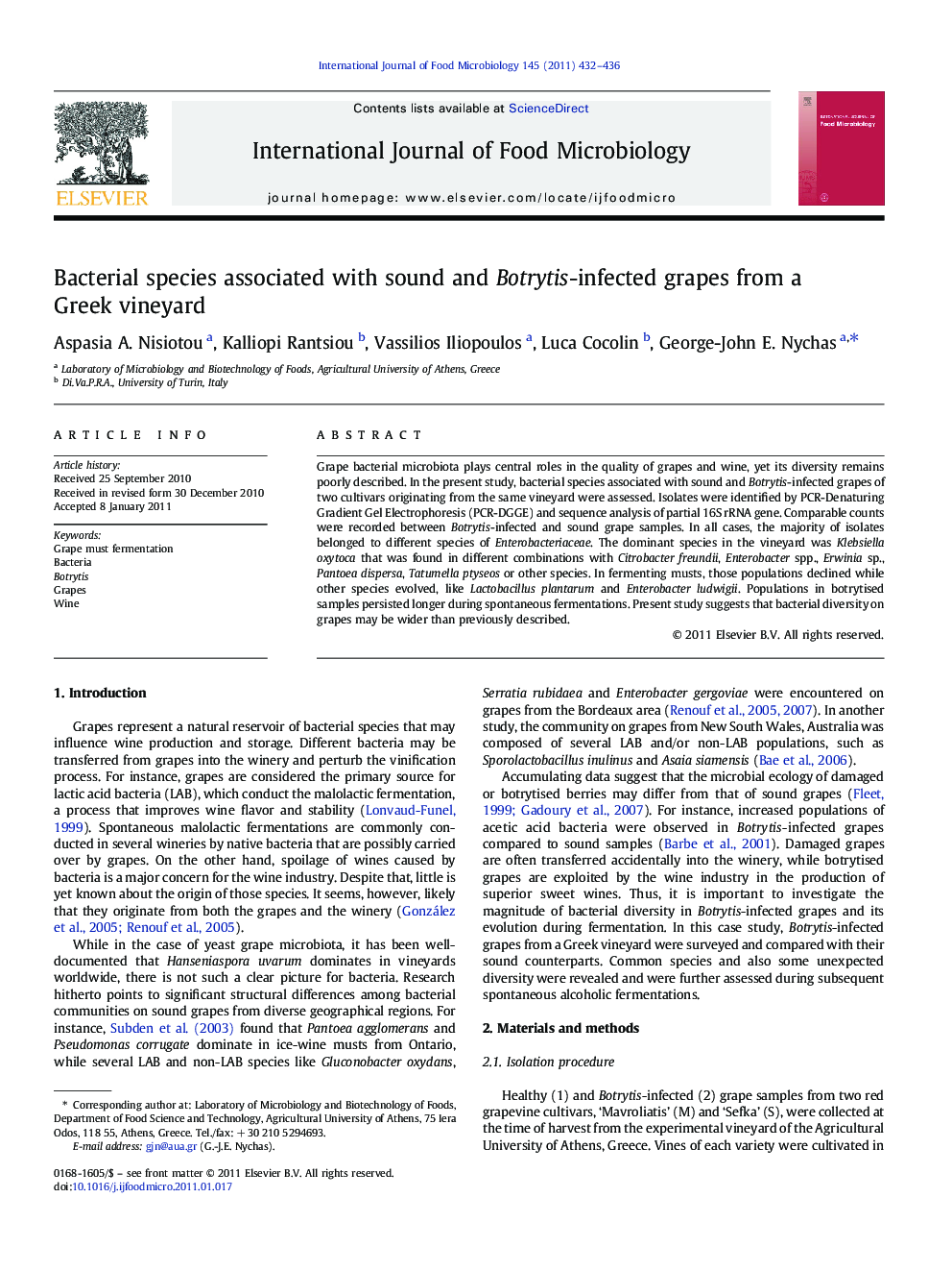 Bacterial species associated with sound and Botrytis-infected grapes from a Greek vineyard