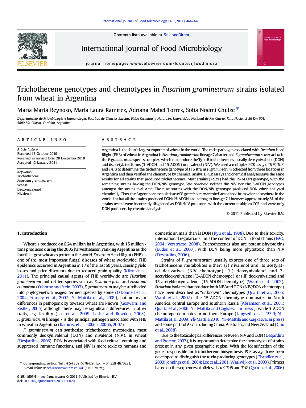 Trichothecene genotypes and chemotypes in Fusarium graminearum strains isolated from wheat in Argentina