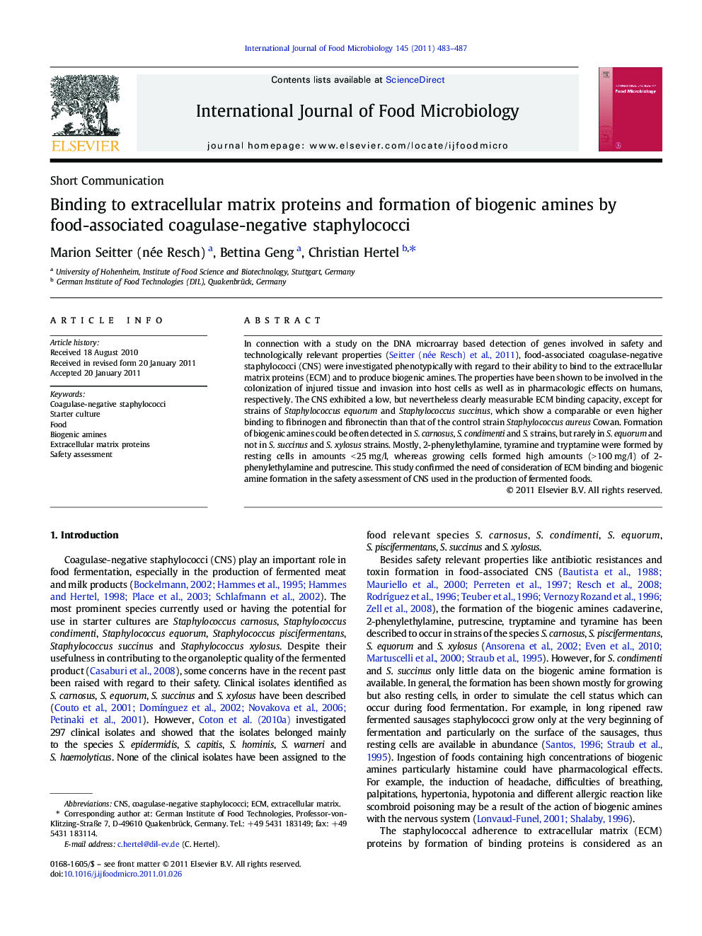 Binding to extracellular matrix proteins and formation of biogenic amines by food-associated coagulase-negative staphylococci