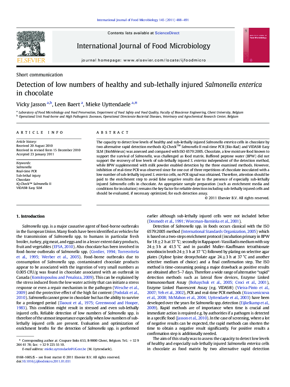 Detection of low numbers of healthy and sub-lethally injured Salmonella enterica in chocolate