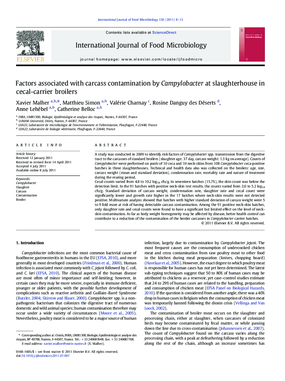 Factors associated with carcass contamination by Campylobacter at slaughterhouse in cecal-carrier broilers