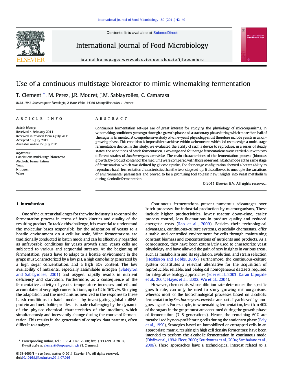 عکس صفحه اول مقاله: Use of a continuous multistage bioreactor to mimic winemaking fermentation Use of a continuous multistage bioreactor to mimic winemaking fermentation