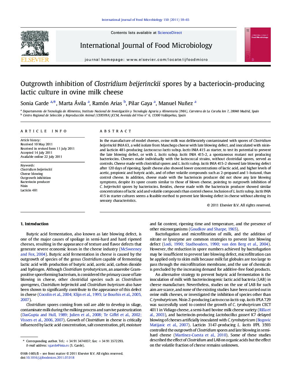 Outgrowth inhibition of Clostridium beijerinckii spores by a bacteriocin-producing lactic culture in ovine milk cheese