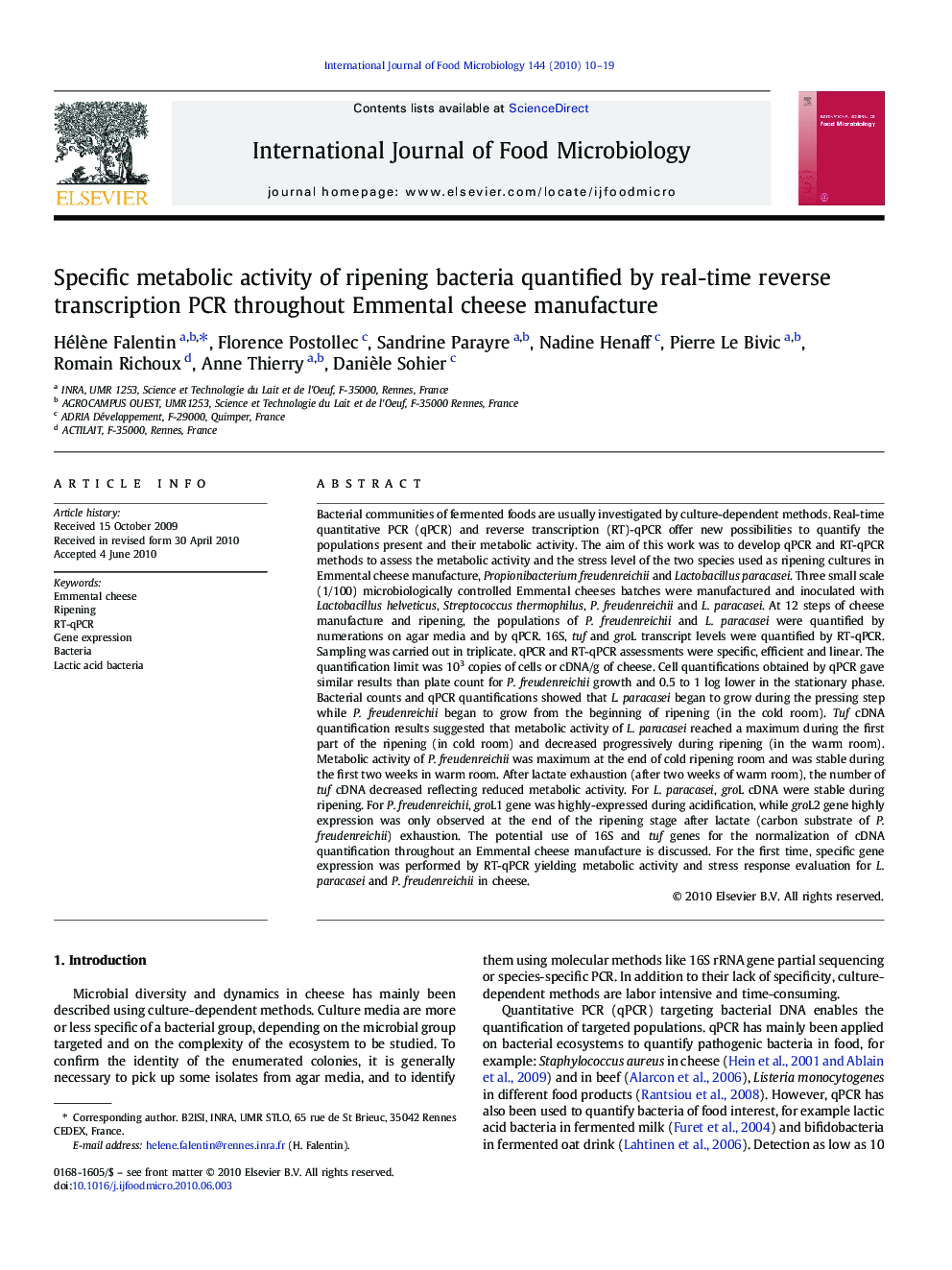 Specific metabolic activity of ripening bacteria quantified by real-time reverse transcription PCR throughout Emmental cheese manufacture