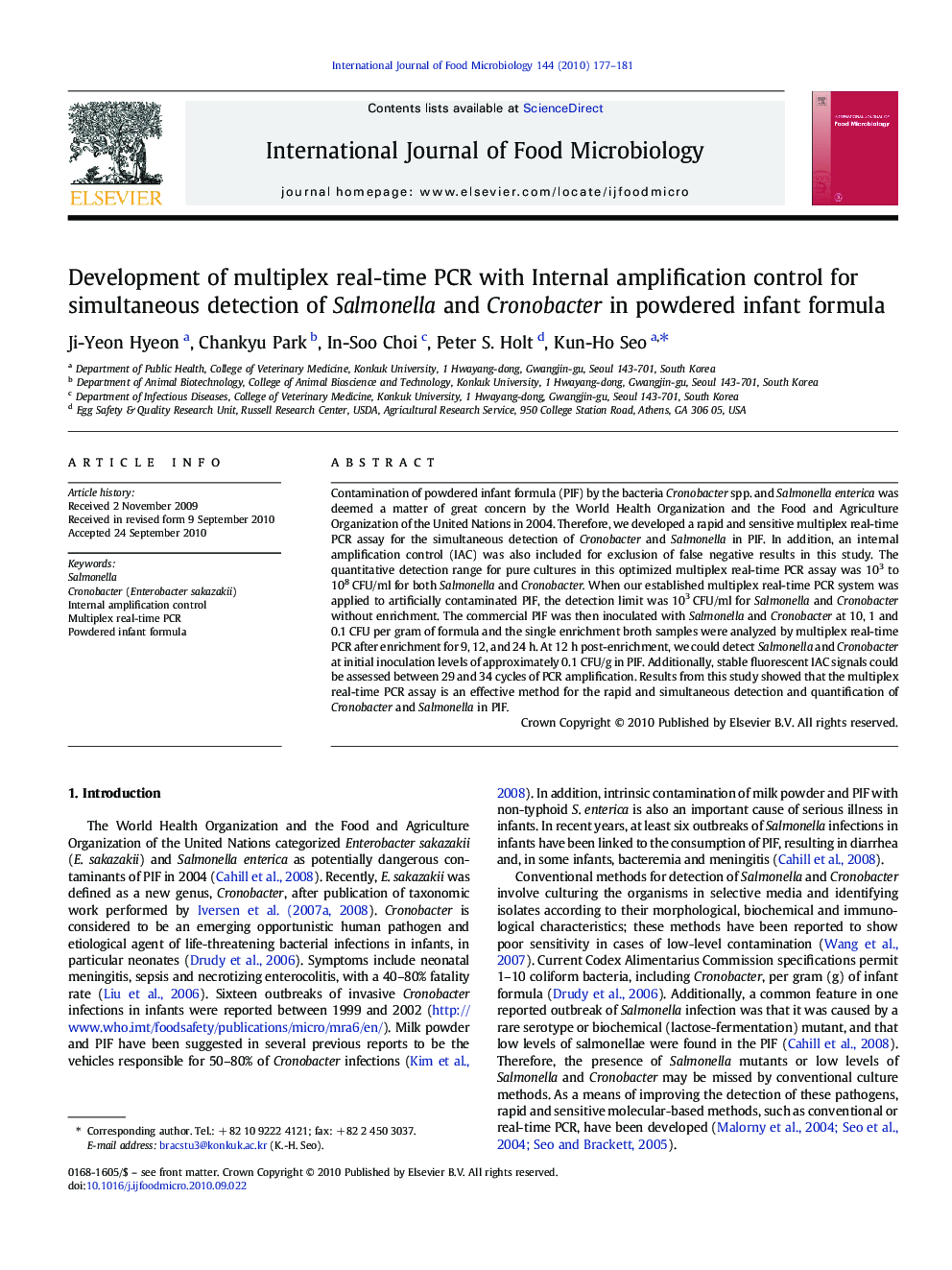 Development of multiplex real-time PCR with Internal amplification control for simultaneous detection of Salmonella and Cronobacter in powdered infant formula