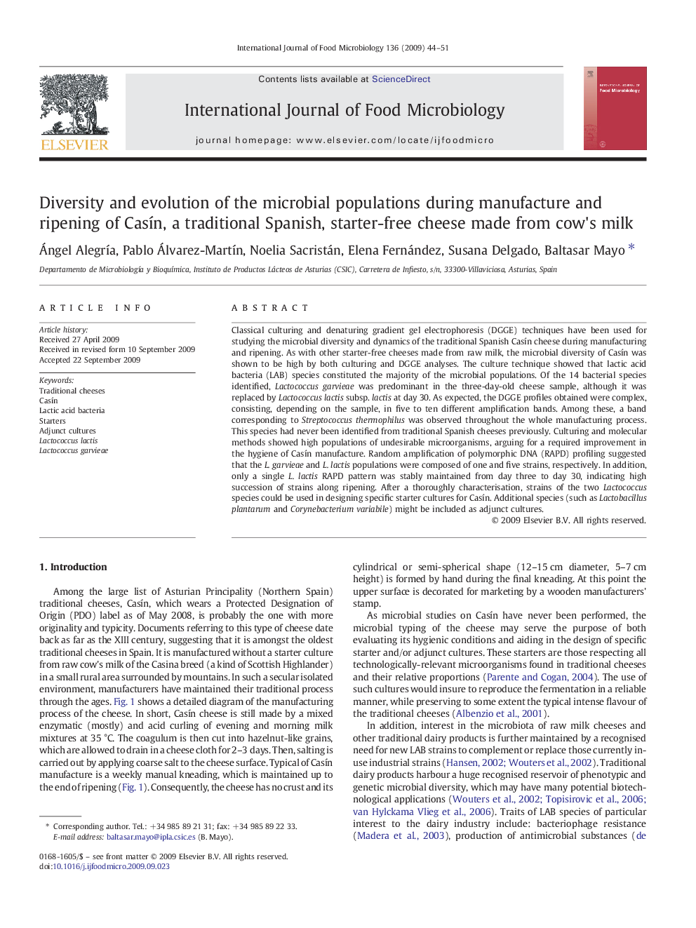 Diversity and evolution of the microbial populations during manufacture and ripening of Casín, a traditional Spanish, starter-free cheese made from cow's milk