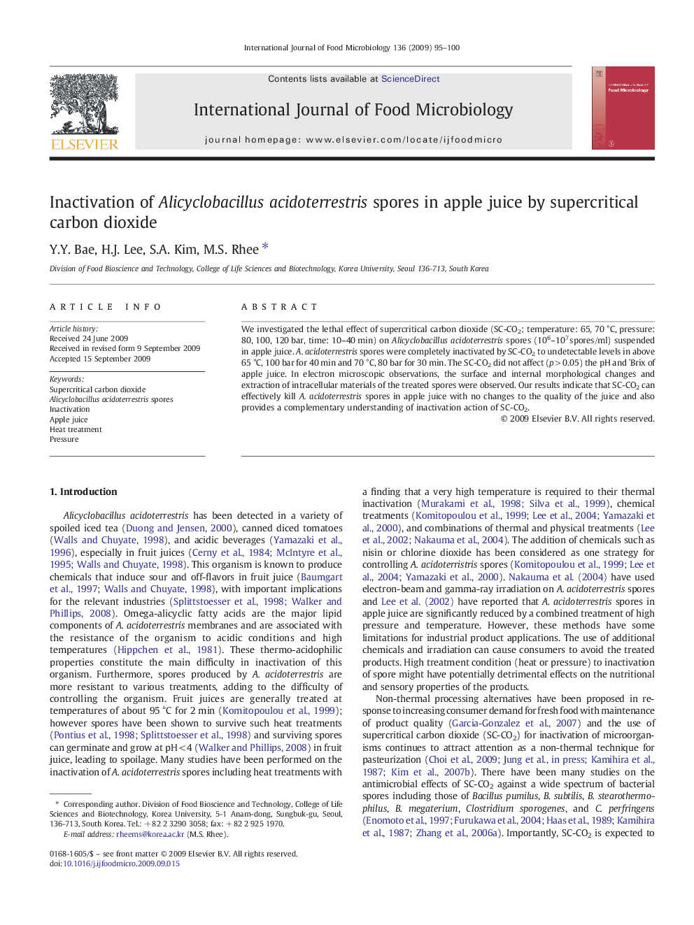 Inactivation of Alicyclobacillus acidoterrestris spores in apple juice by supercritical carbon dioxide