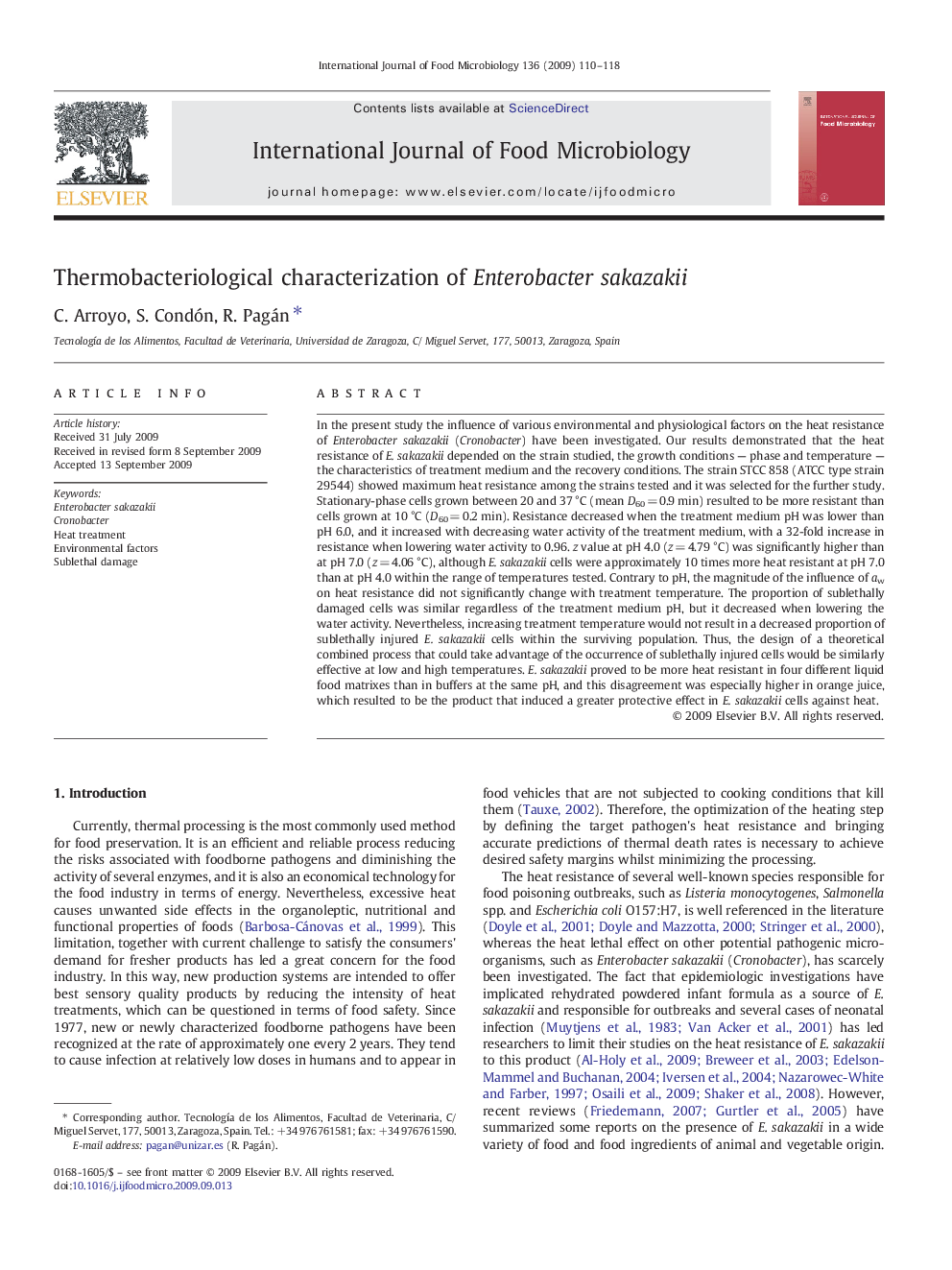 Thermobacteriological characterization of Enterobacter sakazakii