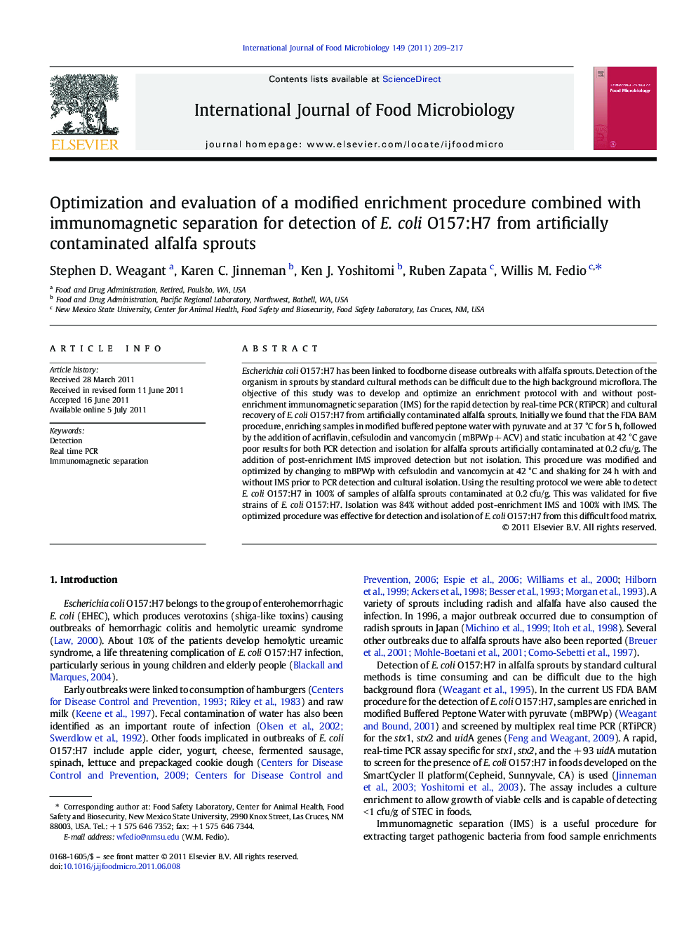 Optimization and evaluation of a modified enrichment procedure combined with immunomagnetic separation for detection of E. coli O157:H7 from artificially contaminated alfalfa sprouts