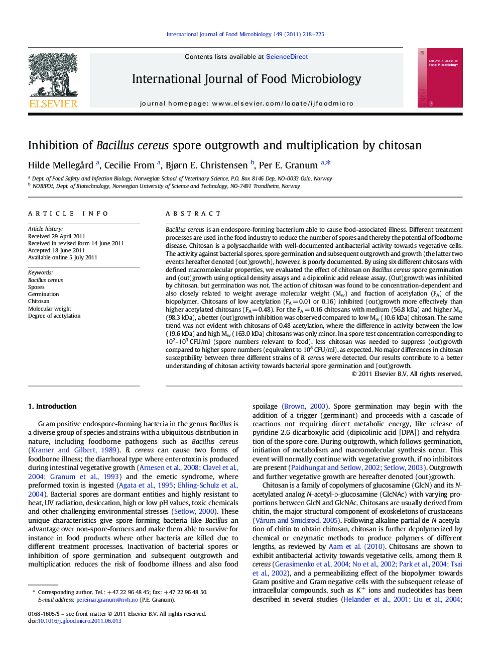 Inhibition of Bacillus cereus spore outgrowth and multiplication by chitosan