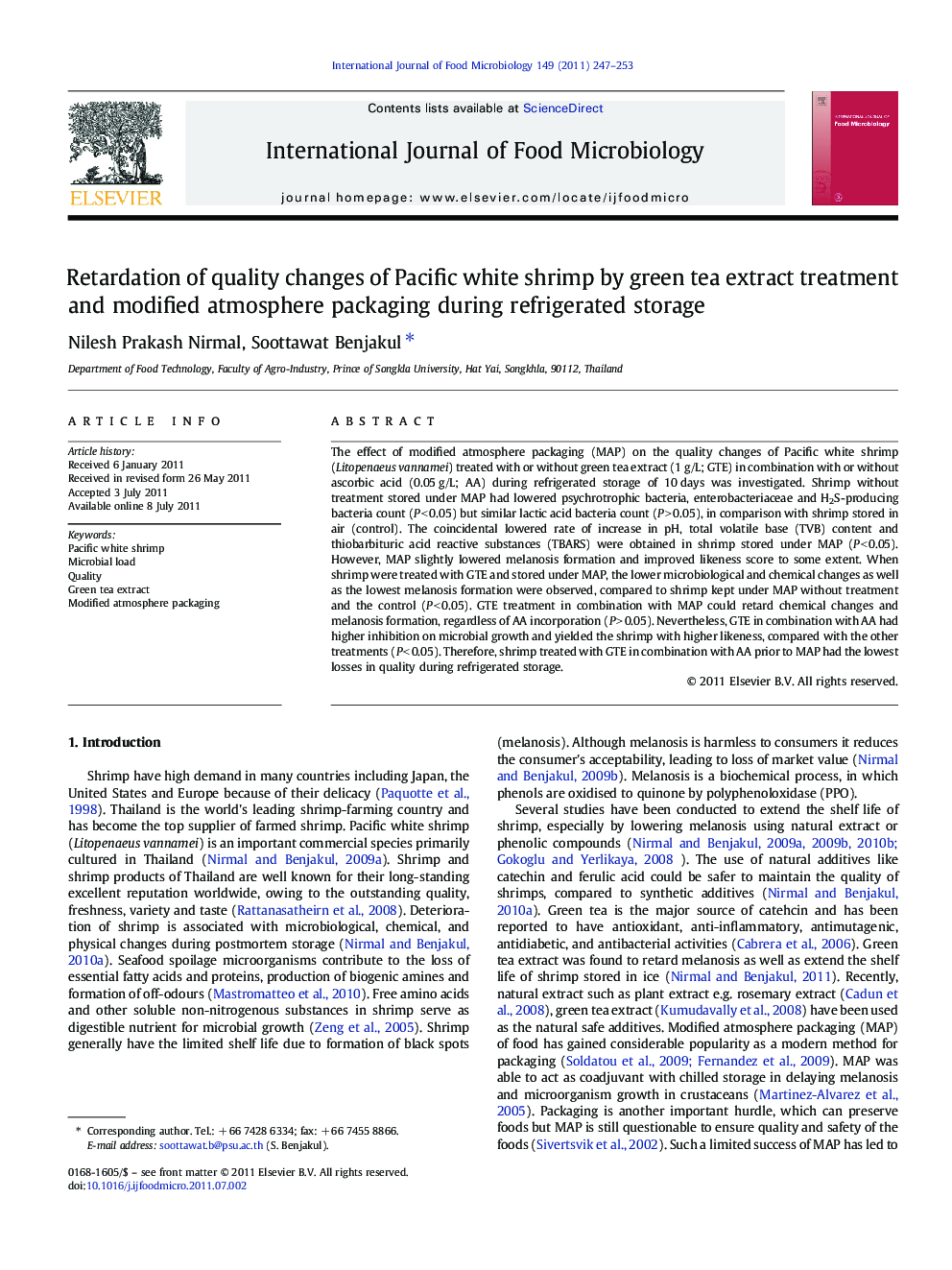 Retardation of quality changes of Pacific white shrimp by green tea extract treatment and modified atmosphere packaging during refrigerated storage