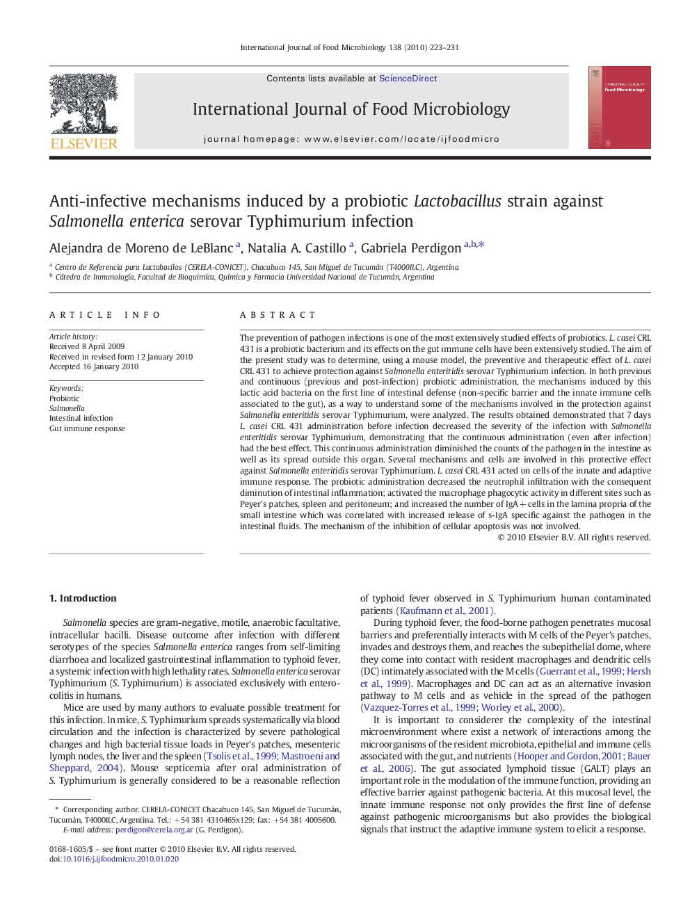 Anti-infective mechanisms induced by a probiotic Lactobacillus strain against Salmonella enterica serovar Typhimurium infection