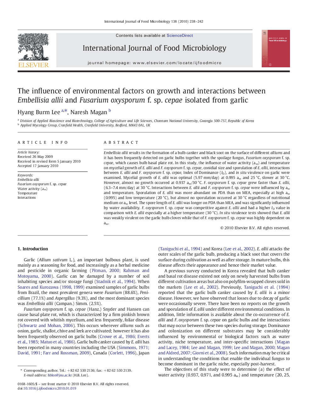 The influence of environmental factors on growth and interactions between Embellisia allii and Fusarium oxysporum f. sp. cepae isolated from garlic