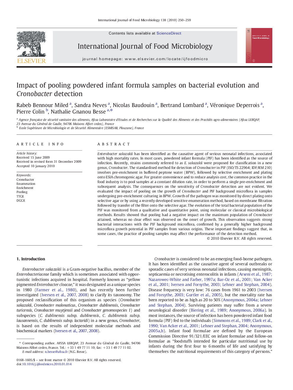 Impact of pooling powdered infant formula samples on bacterial evolution and Cronobacter detection