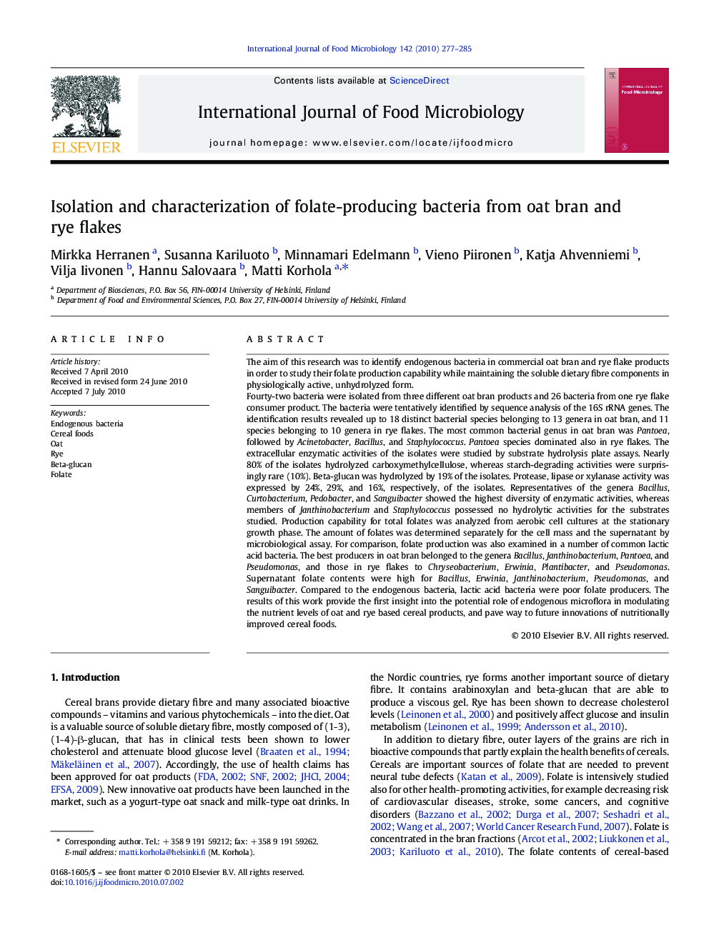 Isolation and characterization of folate-producing bacteria from oat bran and rye flakes