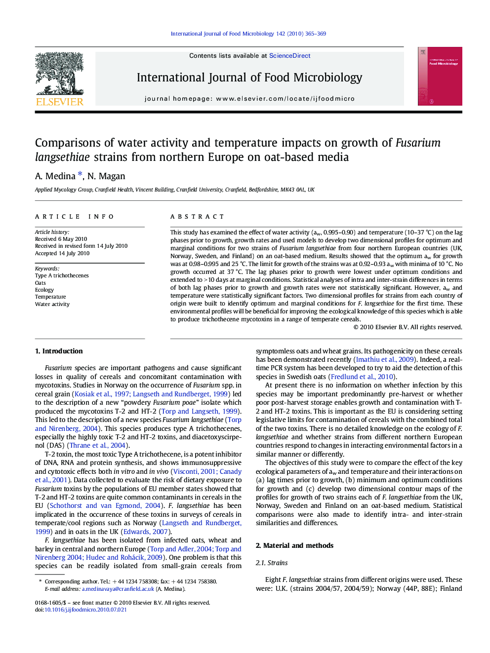 Comparisons of water activity and temperature impacts on growth of Fusarium langsethiae strains from northern Europe on oat-based media