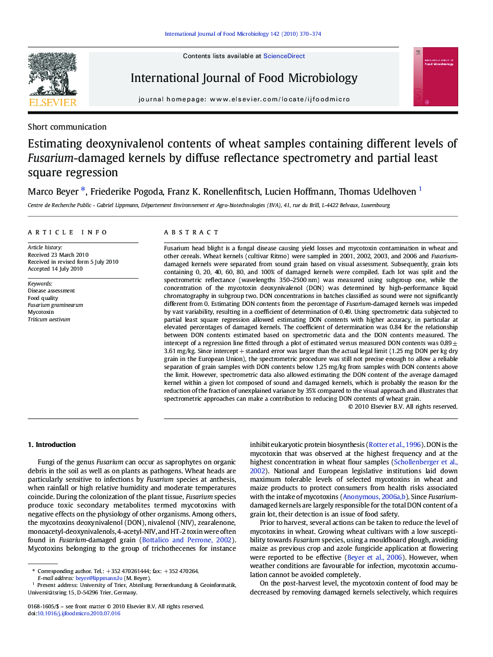 Estimating deoxynivalenol contents of wheat samples containing different levels of Fusarium-damaged kernels by diffuse reflectance spectrometry and partial least square regression