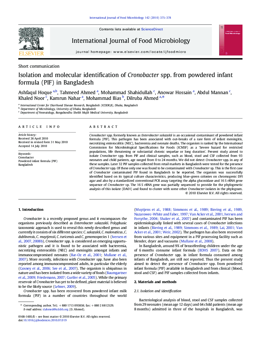 Isolation and molecular identification of Cronobacter spp. from powdered infant formula (PIF) in Bangladesh