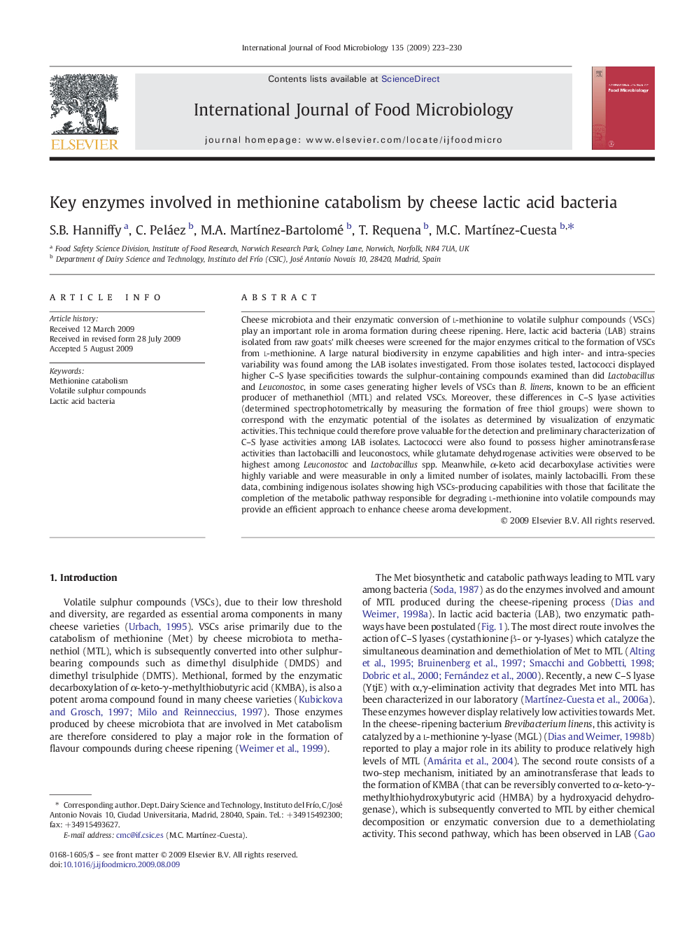 Key enzymes involved in methionine catabolism by cheese lactic acid bacteria