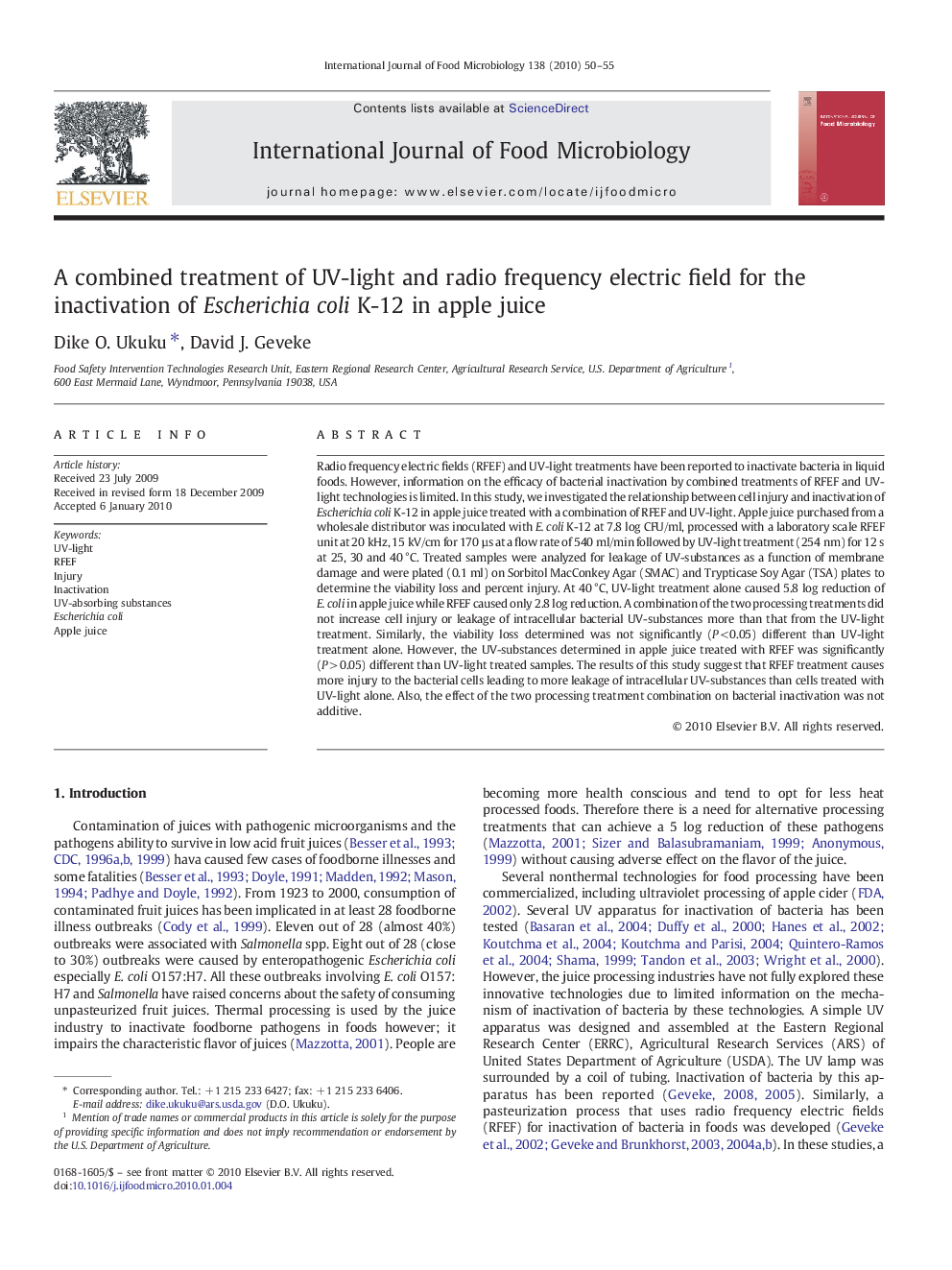 A combined treatment of UV-light and radio frequency electric field for the inactivation of Escherichia coli K-12 in apple juice