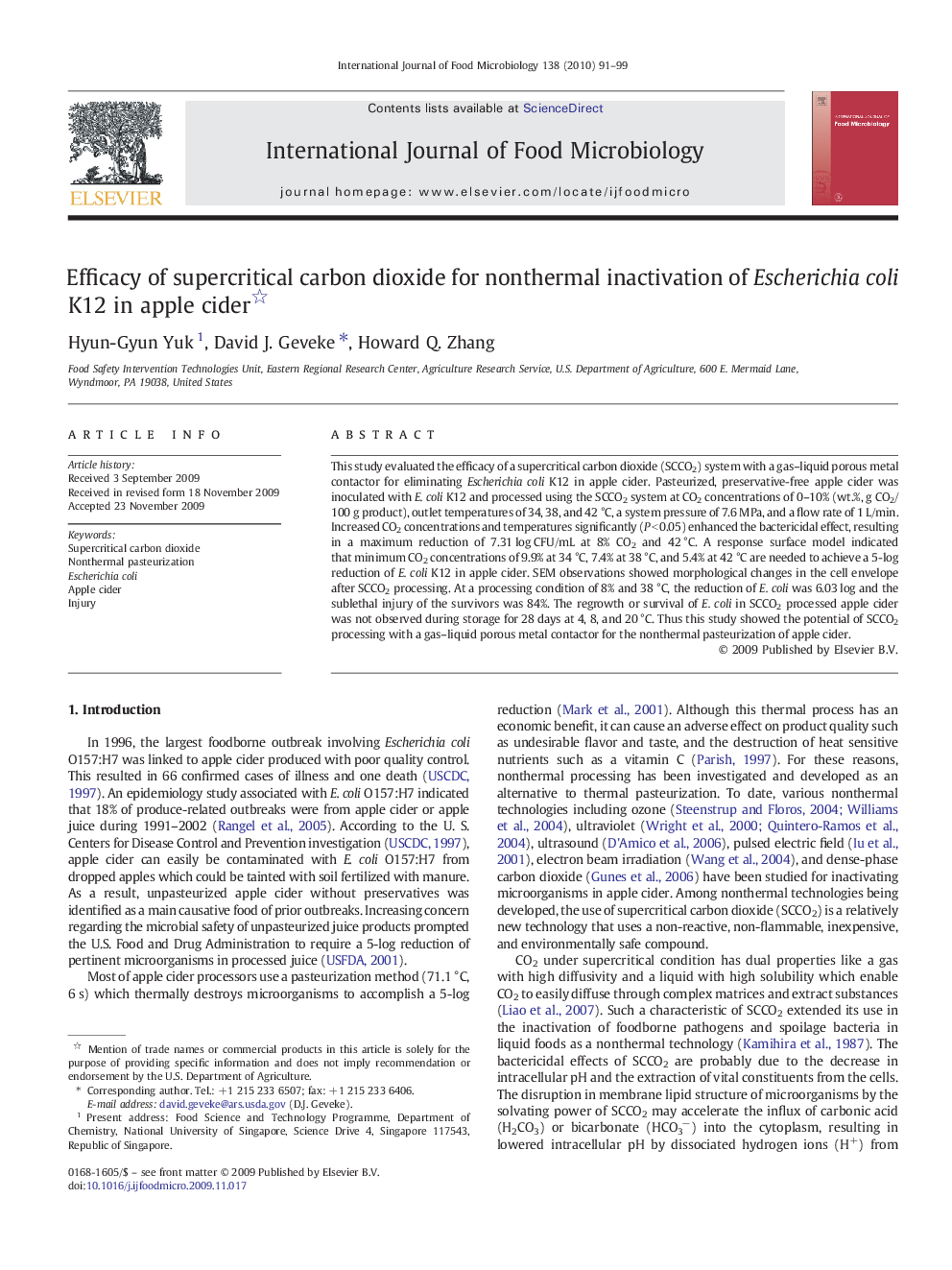 Efficacy of supercritical carbon dioxide for nonthermal inactivation of Escherichia coli K12 in apple cider 