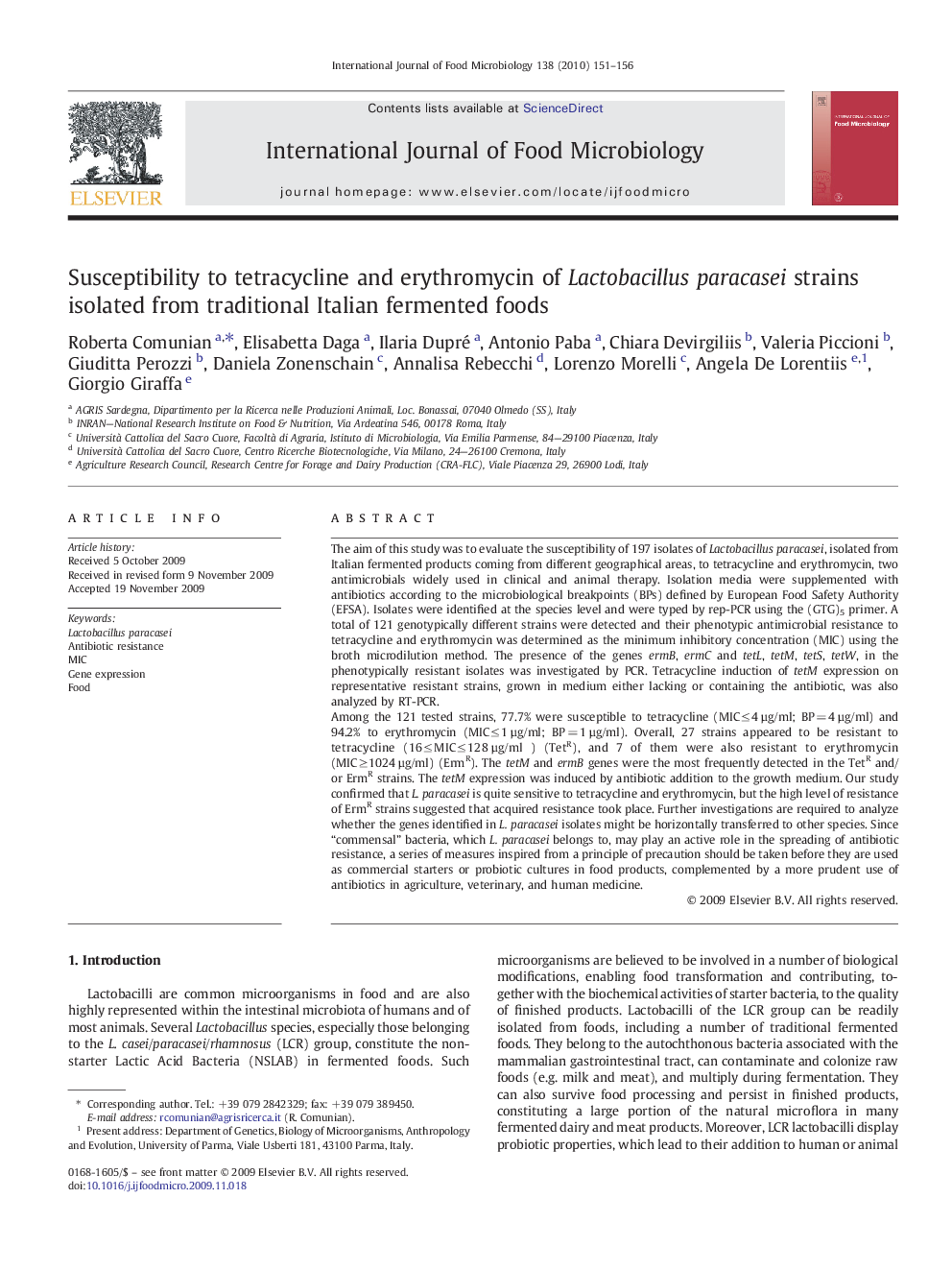 Susceptibility to tetracycline and erythromycin of Lactobacillus paracasei strains isolated from traditional Italian fermented foods