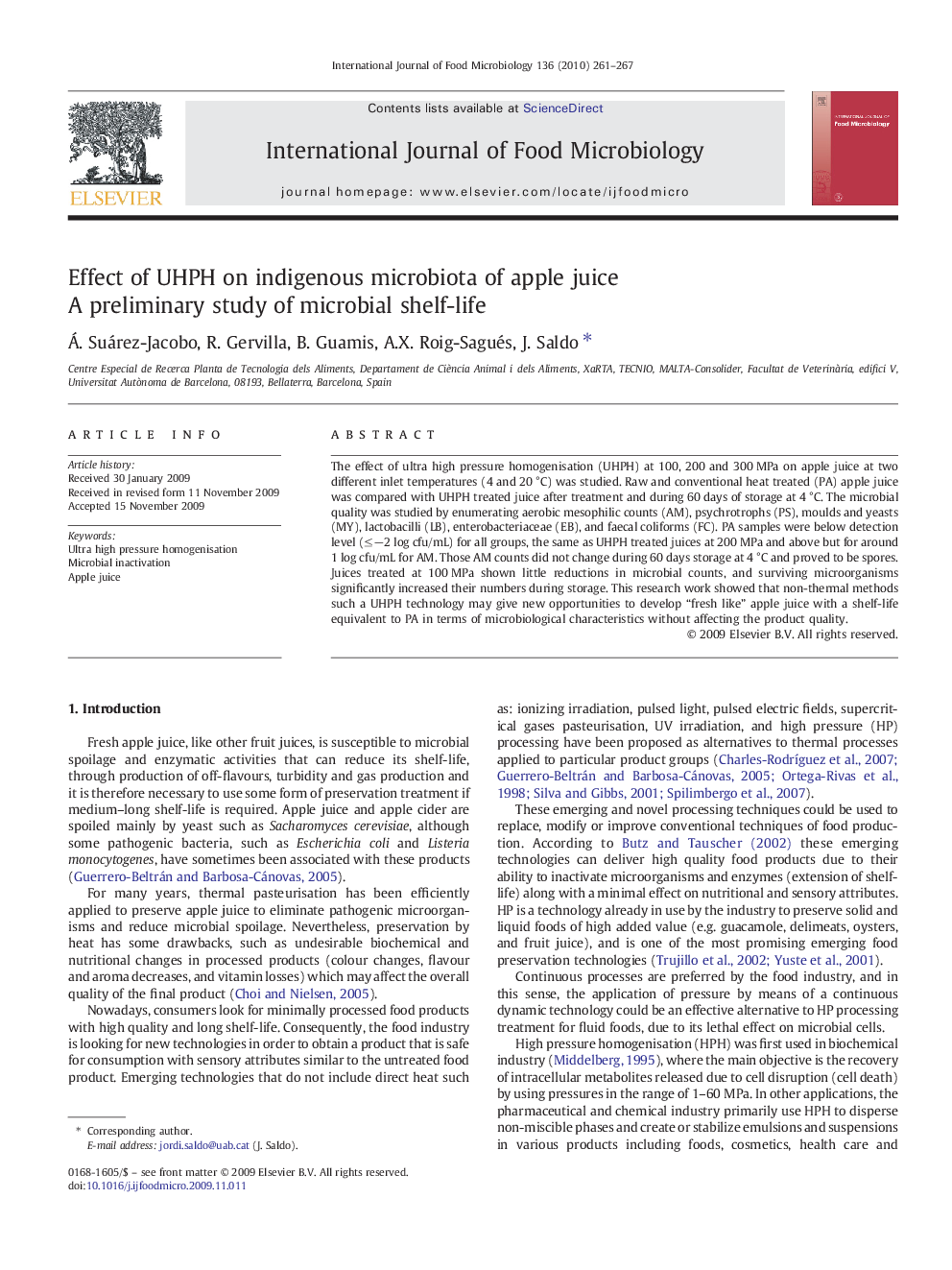 Effect of UHPH on indigenous microbiota of apple juice: A preliminary study of microbial shelf-life